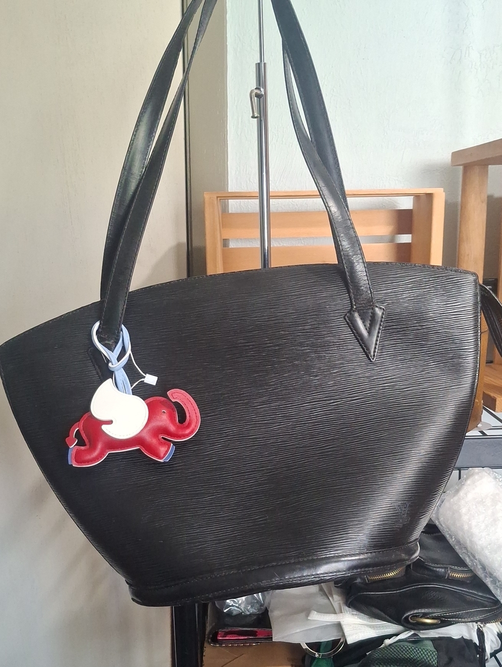 Black Louis Vuitton Tote Bag with Red Elephant Charm Has COA